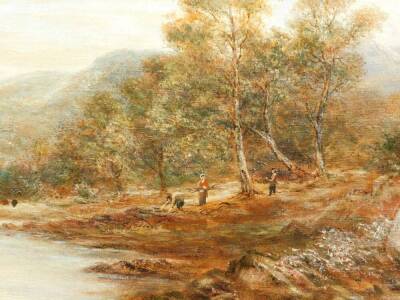 A. McBey. A Highland landscape with faggot gatherers on the banks of a river, oil on canvas, signed and dated 1891, 30cm x 44cm. - 4