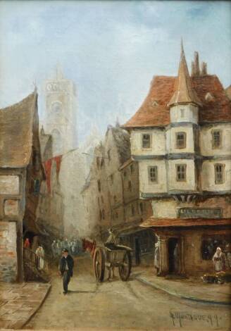 A. Montague. A bit of West Bow, Edinburgh, oil on canvas, signed and dated (18)99 and inscribed verso, 36cm x 26cm.