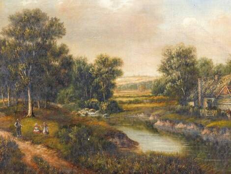 Willie Richards (19thC School). Figures on a path before trees and stream, with cottage and further trees in the distance, with clouds gathering, oil on canvas, signed, 46cm x 79.5cm.