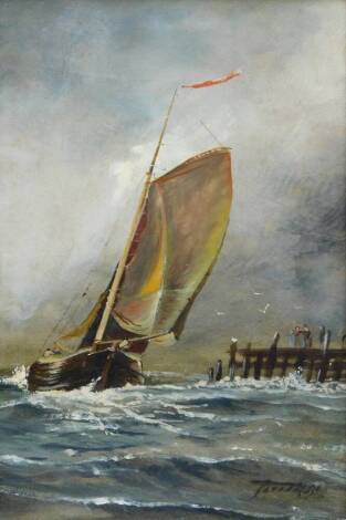 Late 19thC English School. Sailing ship with quayside and figures, oil on artist board, indistinctly signed, 30cm x 20cm.