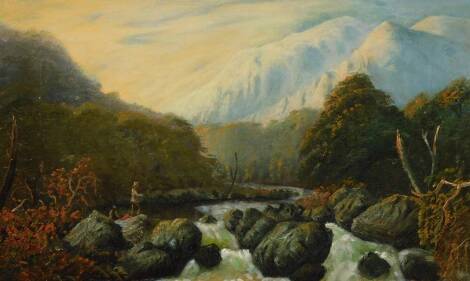 19thC British School. Mountainous landscape with river and fishermen, oil on canvas, 24cm x 39cm.