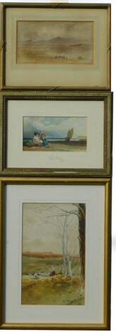 19thC English School. Two watercolours, coastal scenes with figures, and a later watercolour landscape and shepherdess (3).