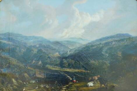 19thC School. Highland scene with cottages, figures and cattle, oil on canvas, 44cm x 64cm.