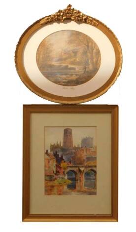 G. Rose. A view of Durham Cathedral from the river, watercolour, signed, 22cm x 16cm and a view of Bolton Abbey from the river with fishermen, watercolour, 18cm x 20cm (oval) (2).