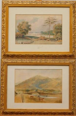 Arthur Heeley. A mountainous landscape with bridge and river and a river estuary with ships in the distance, a pair watercolours, signed, 18cm x 28cm.