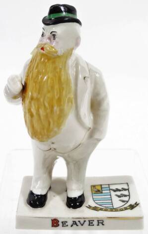 A Carlton china crested Bognor Beaver figure, polychrome decorated, printed marks beneath, 13cm H.