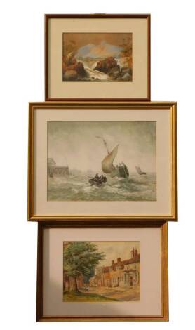 H.W. Clapton. Sailing ships and figures in a rowing boat, quays, etc, watercolour, signed, 27cm x 37cm and two other watercolours including C. Francis. A view at Yapham, Yorkshire and a small river scene with figures, signed with monogram J.H. (3).