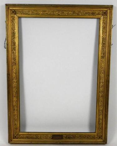 A 19thC gilt wood frame, of large proportion, of rectangular form, with a bead work outline and inner scroll banding (lacking glass), 158cm H, 116cm W, 10cm D.