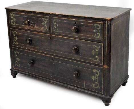 A 19thC painted pine chest, of two short and two long drawers, with a oblong top, stencilled with scrolls, 80cm H, 26cm W, 50cm D.