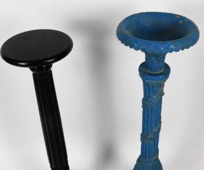 A 19thC torchere painted turquoise, with a shaped dish top raised on an entwined achanthus leaf stem, with acanthus capped triple feet, 119cm H, 33cm Dia. and a further torchere. (2) - 2