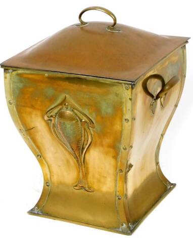 A late 19thC copper Art Nouveau coal box, the square lid raised above a shaped body, partially studded and raised with stylized lotus flowers, flanked by C scroll handles, on a shaped base, 56cm H, 47cm W, 40cm D.