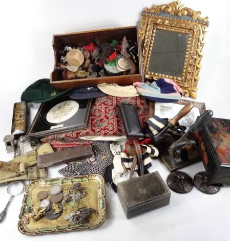 Various bygones, colletables, etc. a quantity of pipes, 14cm W, etc., various caps, embroidery, part Sam Brown type belt, Lowe & Co pheasant headed pipe, (AF), whistle with crow's foot emblem, needlework, boxes to include lacquer examples, ribbons, desk 