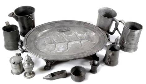 Various pewter, 19thC Victorian and other pieces, to include tankard, large meat serving dish, ornaments to include shoe, 6cm wide, lidded tankard, many pieces stamped. (a quantity)