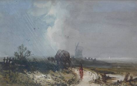 Follower of David Cox. A stormy landscape with a windmill and figure in the foreground, watercolour, 19cm x 31cm