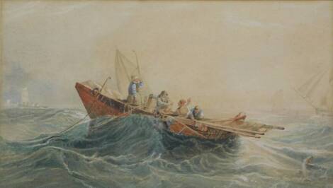 John Wilson Carmichael and John Dobson. Figures in a boat in a heavy sea, watercolour, bears signature and date (18)81, 27cm x 48cm.