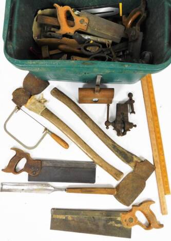 Various tools, early 20thC and other, tenon saws, axe, 61cm H, various other hand tools, etc. (a quantity)