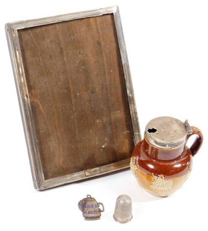 Various silver, a 19thC two coloured Doulton stoneware tankard, 8cm H, with silver mount, photograph frame, thimble, etc. (a quantity, various dates and makers)