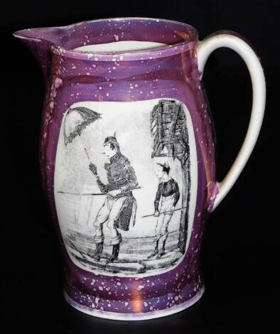 A 19thC Sunderland lustre plain ovoid jug, with two transfer panels of Dickensian caricature figures, 19.5cm H.