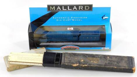 A Corgi Mallard die-cast model train 1:120 scale, 18cm W, boxed, and a cased A W Faber slide rule. (2)