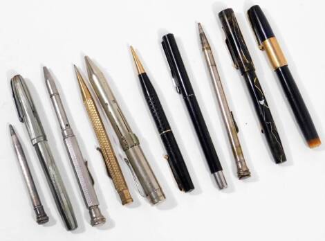 Various fountain pens, etc. a Waterman's in green marble effect, 13cm W, one self filler Mabie Dodd & Co in black and brown marble, rolled gold Yard O Led, various others similar, patented multicoloured pen, Fyne Poynt with partial enclosed nib, etc. (