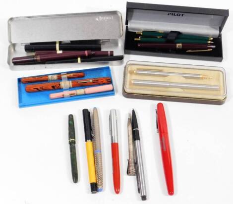 Various fountain pens, etc. a Sheaffer in psychedelic silver and blue colours, with enclosed nib, 14cm W, a Senatour pen set, another Neptune, Pilot pen set, fitted engine turned propelling pencil, miniature marbled fountain pen in green, a Stabilo in red