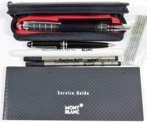 A Mount Blanc associated pen set, to include a cased pen with a spider web design and chrome coloured clip, 13cm W, miniature pen refills service guide, outer case, etc. (a quantity)