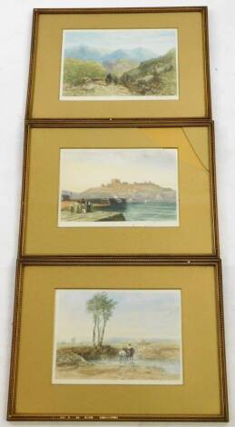 Will Henderson (19thC). Buildings on a hill, mezzotint, signed to the mount, 17cm x 24cm, and two others. (3)