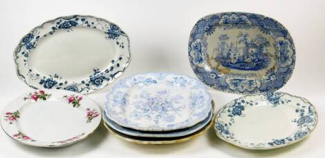 Various late 19th/ early 20thC meat plates, of shaped form to include a transfer printed floral example, 44cm wide, etc. (a quantity)