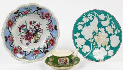 A 19thC Davenport cabinet cup and saucer, 15cm wide, decorated with panels of flowers on a green and white ground with gilt highlights, anchor mark beneath, and two various 19thC items a Daveport bowl, raised with flowers in turquoise ground, etc. (3)