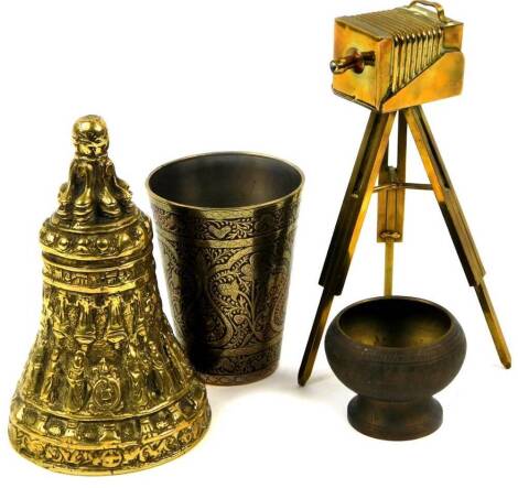 Brassware, a miniature directors camera, 12cm H, a bell, etc (a quantity)