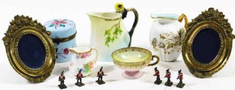 Decorative china and effects, comprising an enamel salt jar and cover, decorated with flowers, 8cm high, pheasant transfer printed cup, two miniature oval frames, Aynsley jug, other smaller examples by Doulton, a Craft porcelain jug with bird handle, six 