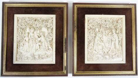 D H Moreton. A pair of Arthurian type plaques of figures in a forest, the first gentleman on bended knee aside lady and child, 18cm x 16cm, and another similar, each marked Marcus Designs, unframed. (2)