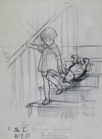 After E.H. Shepard. Winnie the Pooh and Christopher Robin walking down the stairs, print, 40cm x 30cm.