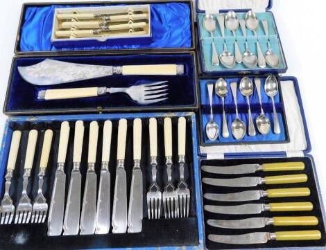 Various flatware, cased cutlery, fish servers with bright cut decoration 31cm W, etc. (a quantity, cased)