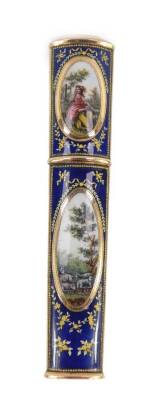 A French gold and enamel etui, c1780-1800, of tapered form, painted with four oval reserves of pastoral scenes, against a cobalt blue ground, decorated with rose swags and sprigs, 11.7cm H, 26.8g all in.