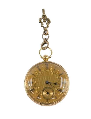 A Victorian 18ct gold gentleman's pocket watch, open faced, key wind, textured and tooled dial, engraved with floral swags, bearing Roman numerals, subsidiary seconds dial, fusee movement by C Woller, Birmingham, case with engine turned decoration, with k