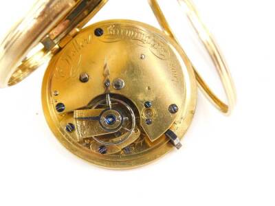 A Victorian 18ct gold gentleman's pocket watch, open faced, key wind, textured and tooled dial, engraved with floral swags, bearing Roman numerals, subsidiary seconds dial, fusee movement by C Woller, Birmingham, case with engine turned decoration, with k - 3