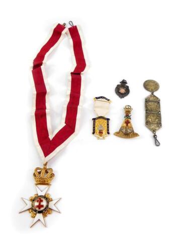 A Masonic silver gilt and enamel neck badge, for the Robert Loyd Preceptory and Priory Order of Knights Templar, No.438, together with two Masonic jewels, silver medallion and an Egyptian five part astrological medallion.