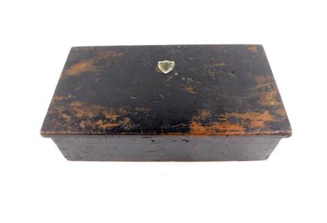 A Victorian ebonised work box, the hinged lid bearing an enamel shield for The National Federation of Women Workers, opening to reveal a fitted interior, 34cm W and 19cm D.