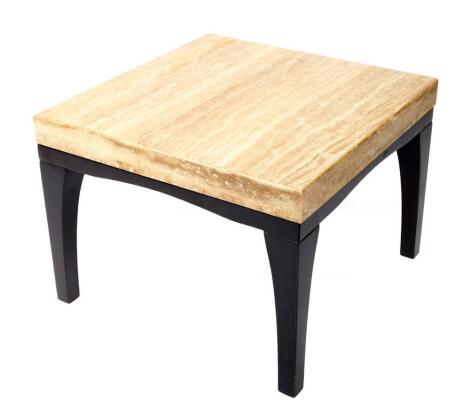 An Italian travertine marble and ebonised occasional table, the square top raised on curved legs, 65cm Dia, 49cm H.