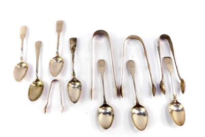 A pair of George III silver sugar tongs, Sheffield 1804, further pair London 1802, a pair of Victorian sugar tongs, Sheffield 1881, small pair of sugar tongs, Sheffield 1919, three George IV and Victorian teaspoons, London 1826 and 1862, and four further