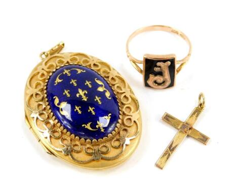 A 9ct gold and blue enamel oval photo locket, decorated with fleur de lys, 9ct rose gold mourning ring, bearing initial J, size R, and a 9ct gold pendant cross, 20.8g all in. (3)