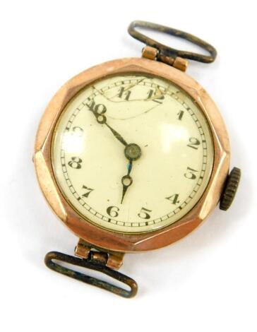 A 9ct gold watch head, with white enamel dial, (AF), blue hands, with octagonal watch head, 13.6g all in.