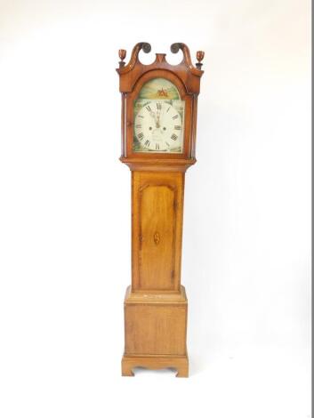 A George III oak and mahogany long case clock, the enamel break arch dial signed Wm Hewson Lincoln, painted with hunting scenes, dial bearing Roman numerals, subsidiary seconds dial and date aperture, eight day two train movement with bell strike, the hoo