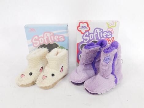 Trespass kid's fluffy slippers, Alice purple and Hoppity parchment, various sizes, boxed. (8)