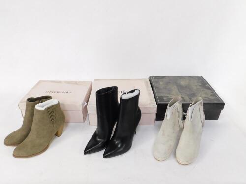 Four pairs of Never Denim FWBL Western off white boots, zip up, UK sizes 3.5 - 4, four pairs of Just Fabulous booties, Reis, Delphyne and Accacia styles, UK size 4.5, boxed. (8)