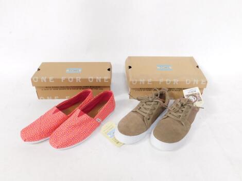 Toms shoes, UK size 9, together with a pair of Toms Valdez dessert tope canvass suede hibiscus lace up plimsolls, size 7.5, all boxed.