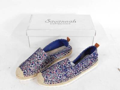 Nine pairs of Savannah espadrilles, blue, beige and black fabric, UK size 3-7, boxed.