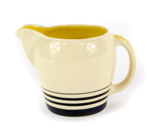 A Susie Cooper Art Deco cream jug, with graduated banded decoration, printed marks and moulded '30', 8.5cm H.