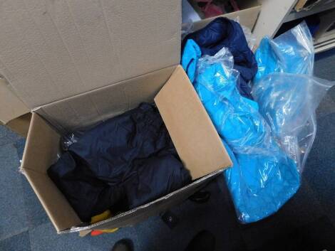 Gents winter weatherproof apparel, coats and trousers, together with polo shirts and lady's tops. (2 boxes and loose)